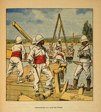 Henri Galli dit Galllichet (1854-1922)著、Louis Bombled (1862-1927)絵による「マダガスカルの戦争-1885-1895年のフランス遠征の逸話史」。1895年、イコパ川の精霊による橋の建設、個人蔵 作： Louis Charles Bombled