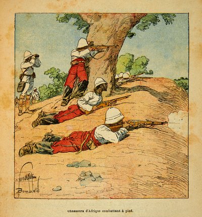 Henri Galli dit Galllichet (1854-1922)著、Louis Bombled (1862-1927)絵による「マダガスカルの戦争-1885-1895年のフランス遠征の逸話」：1895年にマダガスカルで徒歩で戦うアフリカの狩人たち、個人蔵 作： Louis Charles Bombled