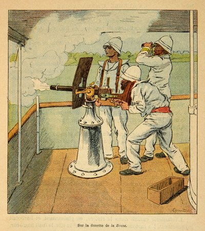 Henri Galli dit Galllichet (1854-1922)著、Louis Bombled (1862-1927)絵による「マダガスカルの戦争-1885-1895年のフランス遠征の逸話史」。1895年、キャノニエール "ラ・ブレイブ "号のホヴァを撃つ大砲、個人蔵 作： Louis Charles Bombled