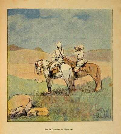 Henri Galli dit Galllichet (1854-1922)著、Louis Bombled (1862-1927)絵による「マダガスカルの戦争-1885-1895年のフランス遠征の逸話史」。1895年、イメルネからマダガスカルへの国境で偵察中の軍隊、個人蔵 作： Louis Charles Bombled