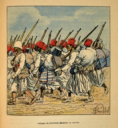 Henri Galli dit Galllichet (1854-1922)著、Louis Bombled (1862-1927)絵の「マダガスカルの戦争-1885-1895年のフランス遠征の逸話史」。1895年に行進するハウサ・ティライユ隊の隊列、個人蔵 作： Louis Charles Bombled