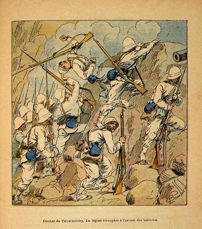 Henri Galli dit Galllichet (1854-1922)著、Louis Bombled (1862-1927)絵による「マダガスカルの戦争-1885-1895年のフランス遠征の逸話史」。ツィナイノンドリーの戦い、1895年のホヴァス砲台襲撃時の外人部隊、Pr 作： Louis Charles Bombled