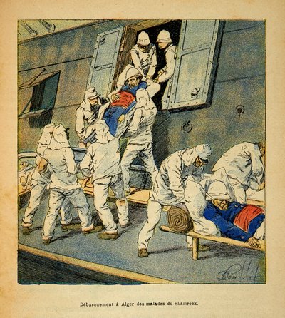 Henri Galli dit Galllichet (1854-1922)著、Louis Bombled (1862-1927)絵の「マダガスカルの戦争-1885-1895年のフランス遠征の逸話」です。1895年にマダガスカルから来た病院船 "シャムロック "の病人部隊がアルジェに向けて出発したときの様子。 作： Louis Charles Bombled