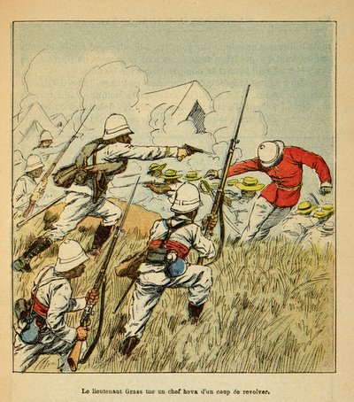 Henri Galli dit Galllichet (1854-1922)著、Louis Bombled (1862-1927)絵の「マダガスカルの戦争-1885-1895年のフランス遠征の逸話史」。1895年のツァラサオトラの戦いでホヴァ族の酋長を殺害するグリス中尉、Private Collectio 作： Louis Charles Bombled
