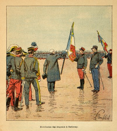 Henri Galli dit Galllichet (1854-1922)著、Louis Bombled (1862-1927)絵による「マダガスカルの戦争-1885-1895年のフランス遠征の逸話史」。1895年にマダガスカルに向けて出発する部隊へのサトナイでの旗の配布（pres 作： Louis Charles Bombled