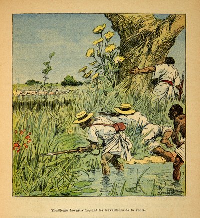 Henri Galli dit Galllichet（1854-1922）著、Louis Bombled（1862-1927）絵による「マダガスカルの戦争-1885-1895年のフランス遠征の逸話」：1895年に道路を建設する軍部を攻撃するホヴァス・ティライユール、個人蔵 作： Louis Charles Bombled
