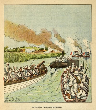 Henri Galli dit Galllichet (1854-1922)著、Louis Bombled (1862-1927)絵による「マダガスカルの戦争-1885-1895年のフランス遠征の逸話史」。1895年にマロヴォイ市を攻撃する海兵隊歩兵、個人蔵 作： Louis Charles Bombled