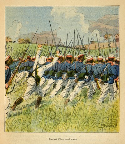 Henri Galli dit Galllichet (1854-1922)著、Louis Bombled (1862-1927)絵による「マダガスカルの戦争-1885-1895年のフランス遠征の逸話史」。1895年、アンタナミタラナの戦いに参加したフランス軍、個人蔵 作： Louis Charles Bombled