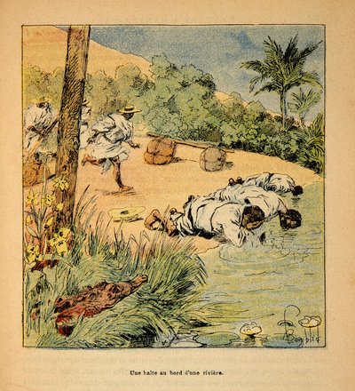 Henri Galli dit Galllichet (1854-1922)著、Louis Bombled (1862-1927)絵による「マダガスカルの戦争-1885-1895年のフランス遠征の逸話史」。1895年の川辺での停泊風景、個人蔵 作： Louis Charles Bombled