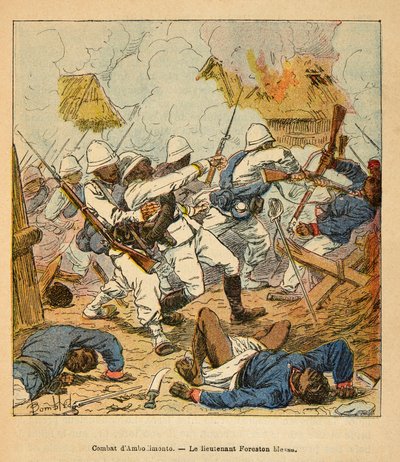 Henri Galli dit Galllichet (1854-1922)著、Louis Bombled (1862-1927)絵による「マダガスカルの戦争-1885-1895年のフランス遠征の逸話史」。1895年のアンボロンティの戦いで負傷したフォレストン中尉、個人蔵 作： Louis Charles Bombled