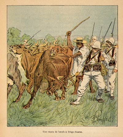 Henri Galli dit Galllichet (1854-1922)著、Louis Bombled (1862-1927)絵による「マダガスカルの戦争-1885-1895年のフランス遠征の逸話史」。ディエゴ・スアレスでは、フランス軍が牛を要求している、個人蔵 作： Louis Charles Bombled