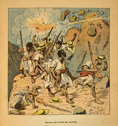 Henri Galli dit Galllichet (1854-1922)著、Louis Bombled (1862-1927)絵による「マダガスカルの戦争-1885-1895年のフランス遠征の逸話史」。アンドリバにおけるホヴァ族の退却、個人蔵 作： Louis Charles Bombled