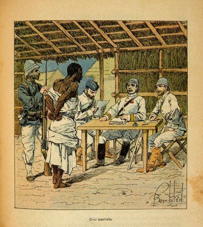 Henri Galli dit Galllichet (1854-1922)著、Louis Bombled (1862-1927)絵による「マダガスカルの戦争-1885-1895年のフランス遠征の逸話史」。フランス人によるホヴァス人捕虜の尋問、個人蔵 作： Louis Charles Bombled