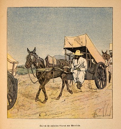 Henri Galli dit Galllichet (1854-1922)著、Louis Bombled (1862-1927)絵による「マダガスカルの戦争-1885-1895年のフランス遠征の逸話史」。マロロに逃げ込む病人たちのコンボイ、個人蔵 作： Louis Charles Bombled