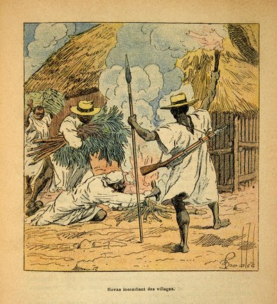 Henri Galli dit Galllichet (1854-1922)著、Louis Bombled (1862-1927)絵による「マダガスカルの戦争-1885-1895年のフランス遠征の逸話」：Hovas burning villages, Private Collection 作： Louis Charles Bombled
