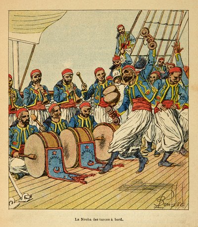 Henri Galli dit Galllichet (1854-1922)著、Louis Bombled (1862-1927)絵による「マダガスカルの戦争-1885-1895年のフランス遠征の逸話史」。La nouba des turcos マダガスカル出航時の船上にて 個人蔵 作： Louis Charles Bombled