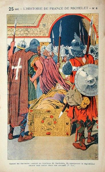 1204年に十字軍がコンスタンティノープルを占領した際の皇帝ユスティニアヌス（483-565）のミイラ化した遺体の発見、ジュール・ミシュレ（1798-1874）による「フランスの歴史」のイラスト（1900年頃）（カラーリソ） 作： Louis Charles Bombled