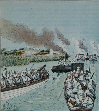 H.Galliの「La Guerre a Madagascar」より、マダガスカルのMarovoayへの船団攻撃。 作： Louis Charles Bombled