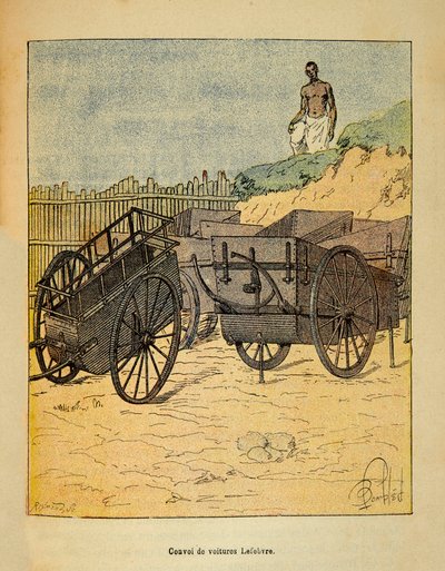 Henri Galli dit Galllichet (1854-1922)著、Louis Bombled (1862-1927)絵による「マダガスカルの戦争-1885-1895年のフランス遠征の逸話集」。ルフェーヴルが軍隊の補給に使用する車のコンボイ、個人蔵 作： Louis Charles Bombled