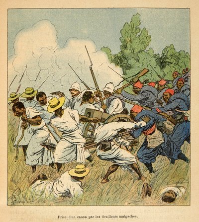 マダガスカルの戦争-1885年から1895年のフランス遠征の逸話、Henri Galli dit Galllichet (1854-1922)著、Louis Bombled (1862-1927)絵。1895年のアンボロンティの戦いでマダガスカル人が大砲を奪った、個人蔵 作： Louis Charles Bombled