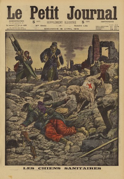 救助犬を使って負傷者を探す、フランス、第一次世界大戦、1915年 作： Louis Charles Bombled