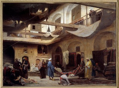 1866年、カイロのハーン・カビルのカーペット・バザール。ルイ・クロード・ムショー（1830-1891）の絵 作： Louis Claude Mouchot