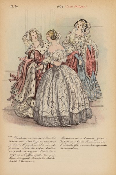 フランスのファッション：1839年、ルイ・フィリップ（カラーリトグラフ） 作： Louis Colas