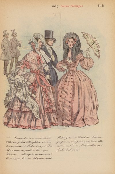 フランスのファッション：1839年、ルイ・フィリップ（カラーリトグラフ） 作： Louis Colas