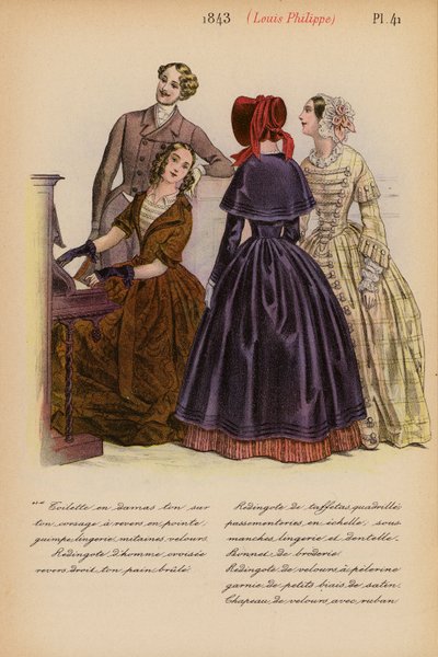 フランスのファッション：1843年、ルイ・フィリップ（カラーリトグラフ） 作： Louis Colas