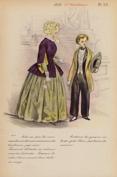 フランスのファッション：1848年、2eレピュブリック（カラーリトグラフ） 作： Louis Colas