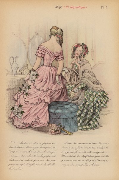 フランスのファッション：1848年、2eレピュブリック（カラーリトグラフ） 作： Louis Colas