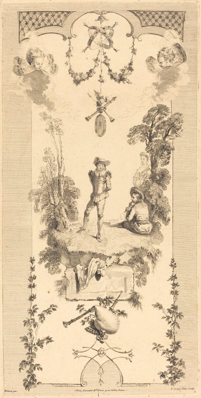 笛の音に合わせて踊る羊飼い 作： Louis Crépy after Antoine Watteau