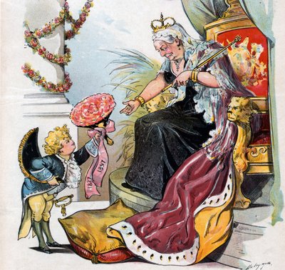 お辞儀をし、「1837 1897」と書かれた花束をヴィクトリア女王に手渡すパック 作： Louis Dalrymple