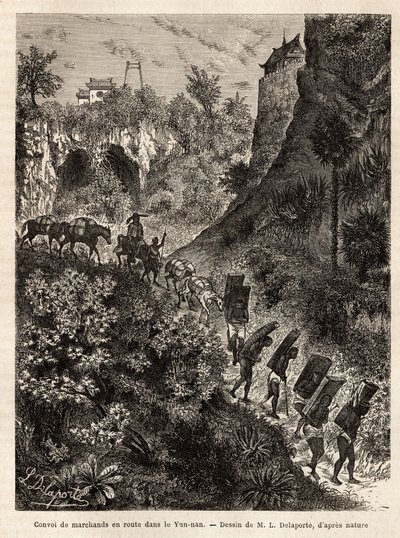 Le tour du monde "に掲載された1866-1868年のフランシス・ガルニエ中尉によるインドシナ探検航海を説明するために、L.Delaporteの図面に基づいて彫られた雲南（中国）へ向かう商人とそのポーターの護送船団 187 作： Louis Delaporte