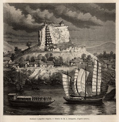 青江（中国）に浮かぶ塔のある岩と様々な船、L.Delaporteの図面に基づくエングレーヴィング、1866年から1868年に船の中尉であったFrancis Garnierがインドシナで行った探検航海を説明するためのもので、「Le tour du monde」に掲載されている。 作： Louis Delaporte