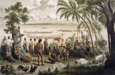 バサック川でのピローグレース、ドゥダールドラグリー（1823-68）による &39;Atlas du Voyage d&39;Exploration de l&39;Indochine&39;から、パリ1874年に発行（詳細は232562を参照） 作： Louis Delaporte