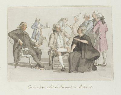 ビスカリスの王女と会話するツアーグループのメンバー 会話 chés la Princesse de Biscaris (オブジェクトのタイトル) イタリアの航海、シチリアとマルテの航海 - 1778年（シリーズタイトル） 作： Louis Ducros