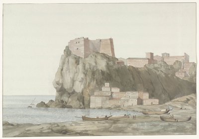 げっぷ in stad Scilla in de regio Calabrië aan de westkust カラブリアのロック＆シラーの町。 夕日側からの眺め（被写体タイトル） イタリア、シチリア、マルタの旅 - 1778 (シリーズタイトル) 作： Louis Ducros