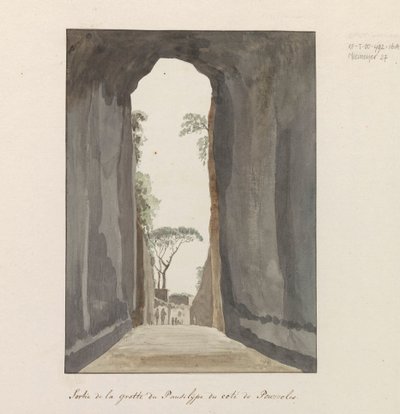 Uitgang van grot Crypta Neapolitana (of Grotta di Posillipo) aan de kust van Pozzuoli ポッツオーリ近くのパウジリーペ洞窟からの出口 (オブジェクトのタイトル) イタリア、シチリア、マルタの旅 - 1778 (シリーズタイトル) 作： Louis Ducros