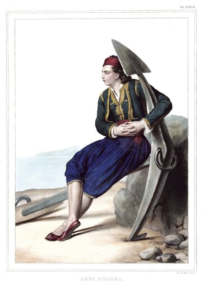 ダヴィッドの弟子であるルイ・デュプレ（1789-1837）が1825年に制作した「アテネとコンスタンティノープルへの旅、または自然のままの場所に描かれたギリシャ人とオスマン人の肖像、景色、衣装のコレクション」の中のギリシャ人のディドラ。 作： Louis Dupré