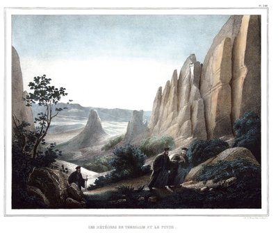 Les meteores de Thessalie et le Pinde（崖と岩の風景）」。「アテネとコンスタンティノープルへの旅、または自然の後の場所に描かれたギリシャ人とオスマン人の肖像、景色、衣装のコレクション、ルイ・デュプレによるリトグラフとコロリー」の中にある。 作： Louis Dupré