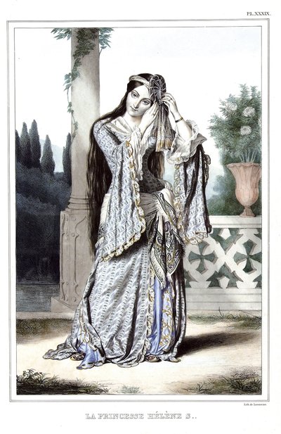 ダヴィッドの弟子であるルイ・デュプレ（1789-1837）が1825年に制作した「アテネとコンスタンティノープルへの旅、または自然のままの場所に描かれたギリシャとオスマン帝国の肖像、景色、衣装のコレクション」の中のプリンセス・ヘレネ・スートゾ。 作： Louis Dupré