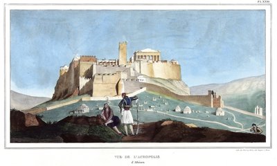 アテネとコンスタンティノープルへの旅」（1825年、ダヴィッドの弟子であるルイ・デュプレ（1789-1837）による自然の場所に描かれたギリシャとオスマン帝国の肖像画、眺望、衣装のコレクション）の中の「アテネのアクロポリスの眺め」。 作： Louis Dupré