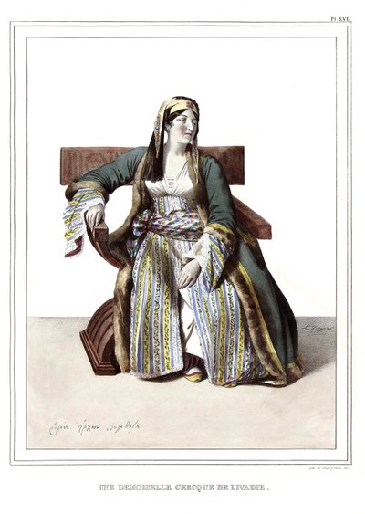 ダヴィッドの弟子であるルイ・デュプレ（1789-1837）が1825年に制作した「アテネとコンスタンティノープルへの旅、または自然の場所に描かれたギリシャ人とオスマン人の肖像、景色、衣装のコレクション」の中の、リヴァディのギリシャ人女性の作品。 作： Louis Dupré