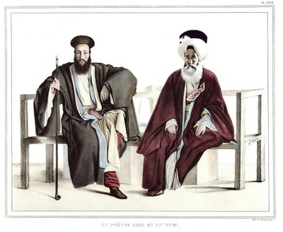 ダヴィッドの弟子であるルイ・デュプレ（1789-1837）が1825年に制作した「アテネとコンスタンティノープルへの旅」の中のギリシャ人とオスマン人の肖像画、風景画、衣装を自然に近い場所に描いたリトグラフとコロリーのコレクション。 作： Louis Dupré
