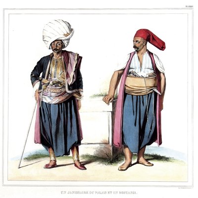 宮殿のヤニサリーとボスタンギ（セレールの庭師）。ルイ・デュプレ（1789-183）の「アテネとコンスタンティノープルへの旅、または自然の場所に描かれたギリシャ人とオスマン人の肖像、景色、衣装のコレクション」の中のリトグラフとコロリー。 作： Louis Dupré