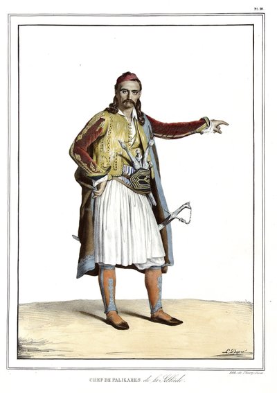 ダヴィッドの弟子であるルイ・デュプレ（1789-1837）が自然のままの場所に描いたギリシャとオスマン帝国の肖像、景色、衣装のコレクションである「アテネスとコンスタンティノープルへの旅」のパリカレス・デ・ラ・スキュラードのシェフ。 作： Louis Dupré