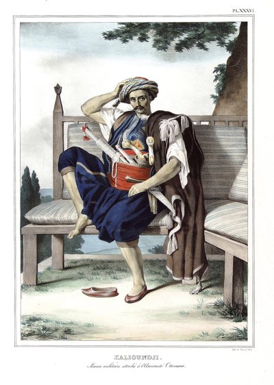ルイ・デュプレ（1789-1837）の「アテネとコンスタンティノープルへの旅、または自然の場所に描かれたギリシャ人とオスマン人の肖像、景色、衣装のコレクション」（リトグラフとコロリー）の中の、オスマン・アドミラウトに所属する軍人のカリウンジ（Kalioundji）、p 作： Louis Dupré