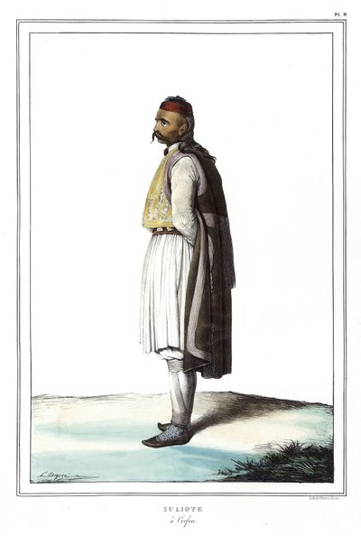 ダヴィッドの弟子であるルイ・デュプレ（1789-1837）が自然のままの場所に描いたギリシャとオスマン帝国の肖像、景色、衣装のコレクションである「アテネとコンスタンティノープルへの旅」（1825年）の中のコルフ島のスーリオテ。 作： Louis Dupré