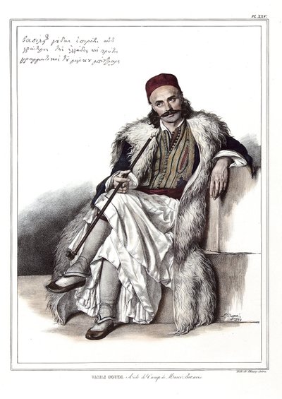 ルイ・デュプレ（1789-1837）による「アテネとコンスタンティノープルへの旅」（自然のままの場所に描かれたギリシャとオスマン帝国の肖像、景色、衣装のコレクション）の中の、マルク・ボツァリス（1788-1823）の陣営補佐官ヴァシリ・グーダ。 作： Louis Dupré
